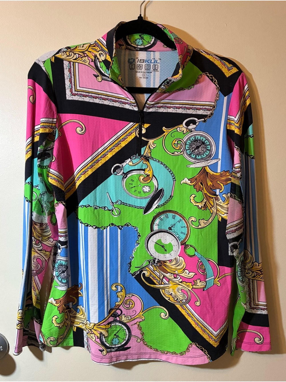 IBKÜL "Timeout" Long Sleeve Quarter-Zip Mock SPF Baroque Print Sports Shirt M - Picture 2 of 8